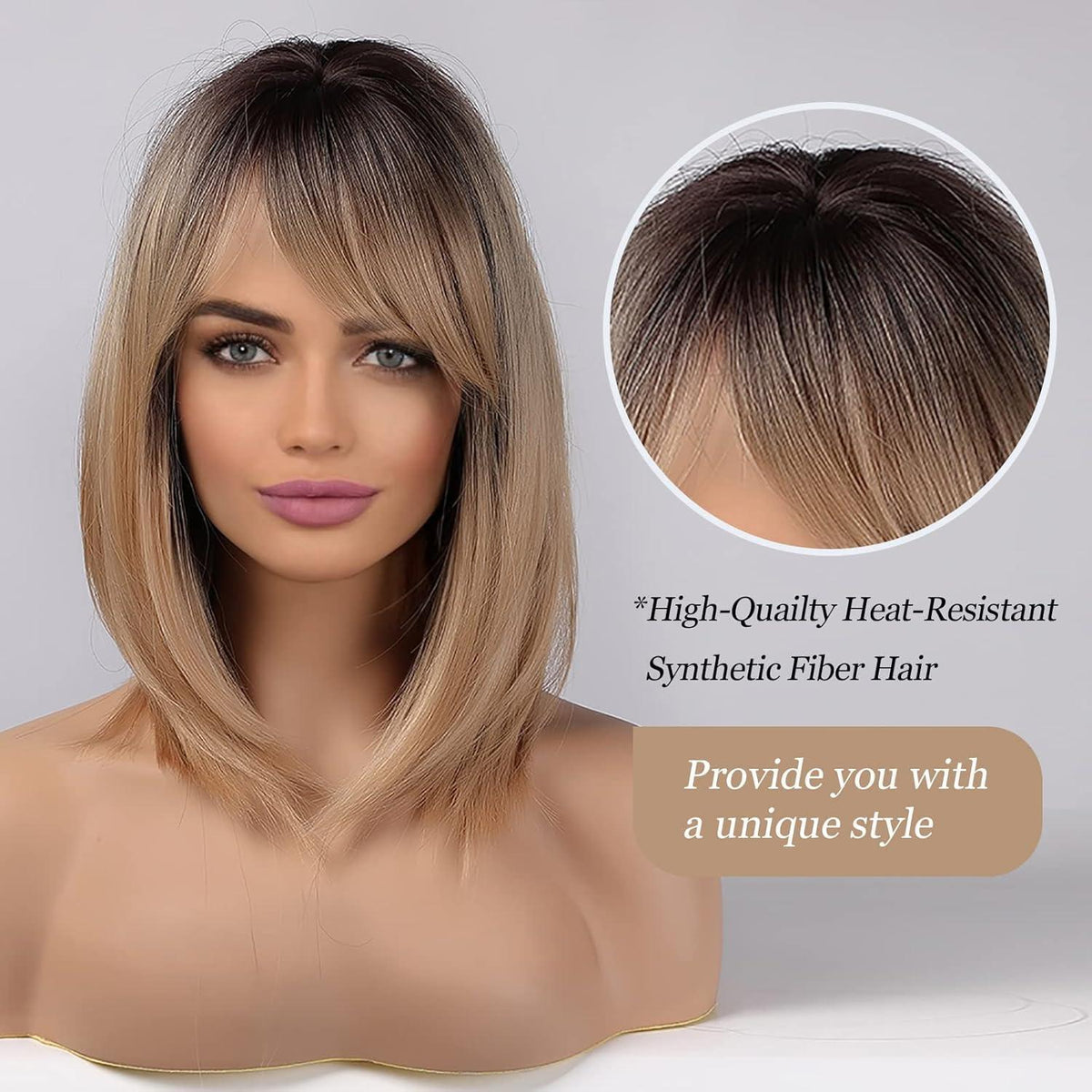 Gerade Bob Perücke mit Pony – Braun Ombre Blond