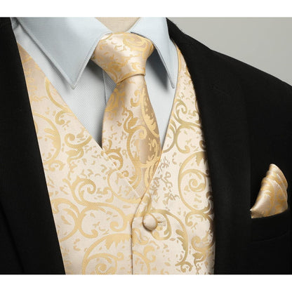 Herren Weste Krawatte Einstecktuch Set Champagner Jacquard XL