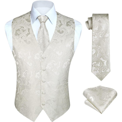 Herren Weste Krawatte Einstecktuch Set Beige Jacquard Seide