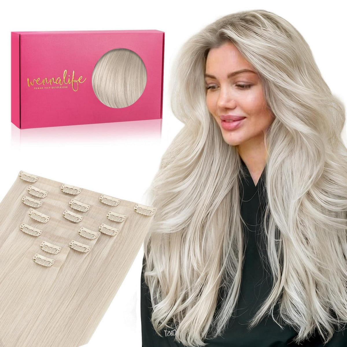 Echthaar Clip-In Extensions Platinblond 55cm - Remy, Seamless