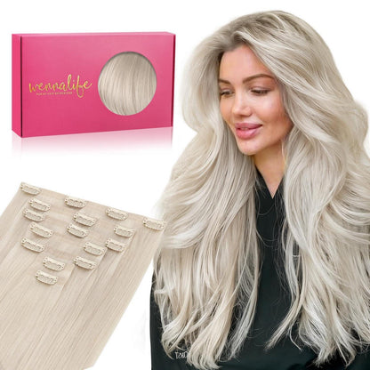 Echthaar Clip-In Extensions Platinblond 55cm - Remy, Seamless