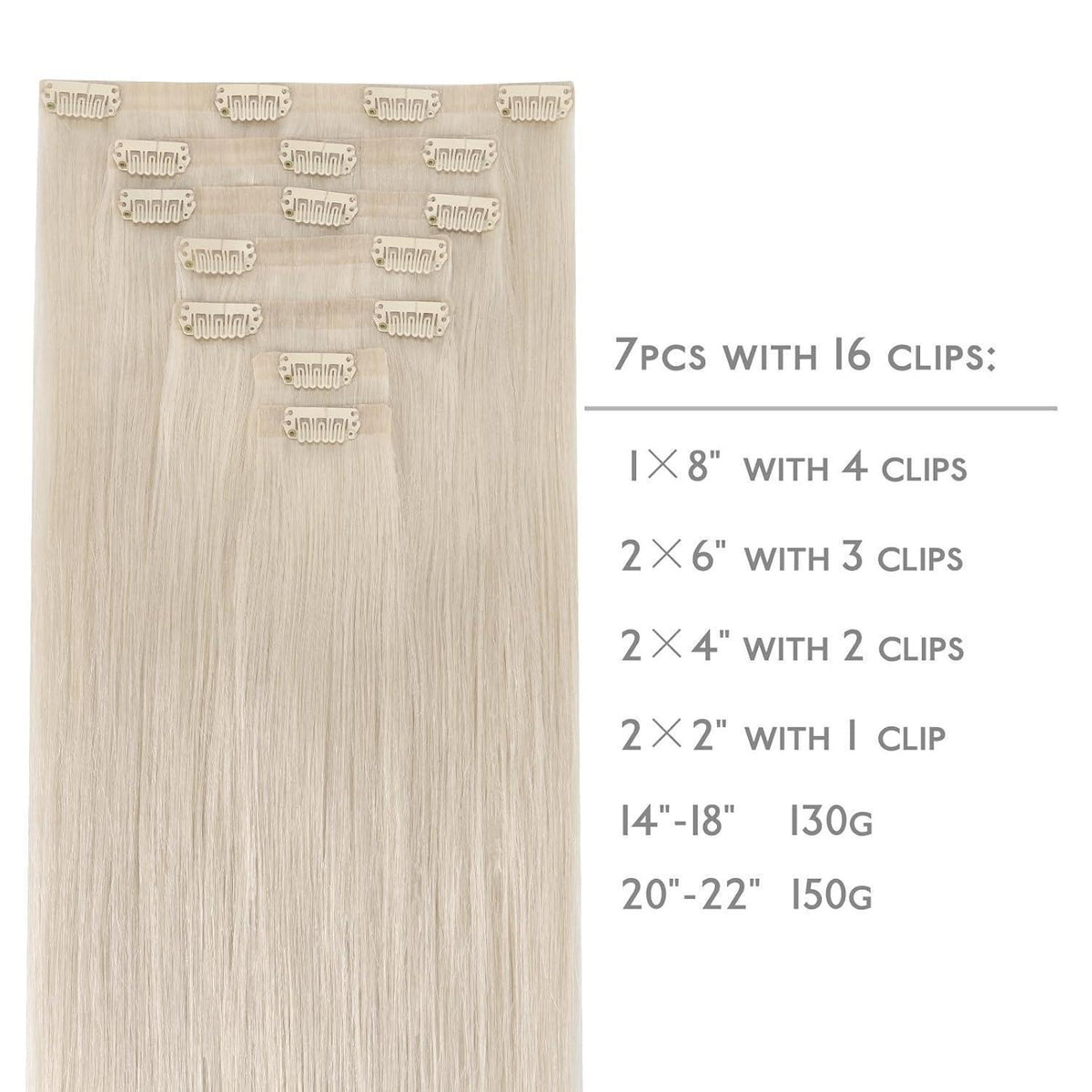 Echthaar Clip-In Extensions Platinblond 55cm - Remy, Seamless