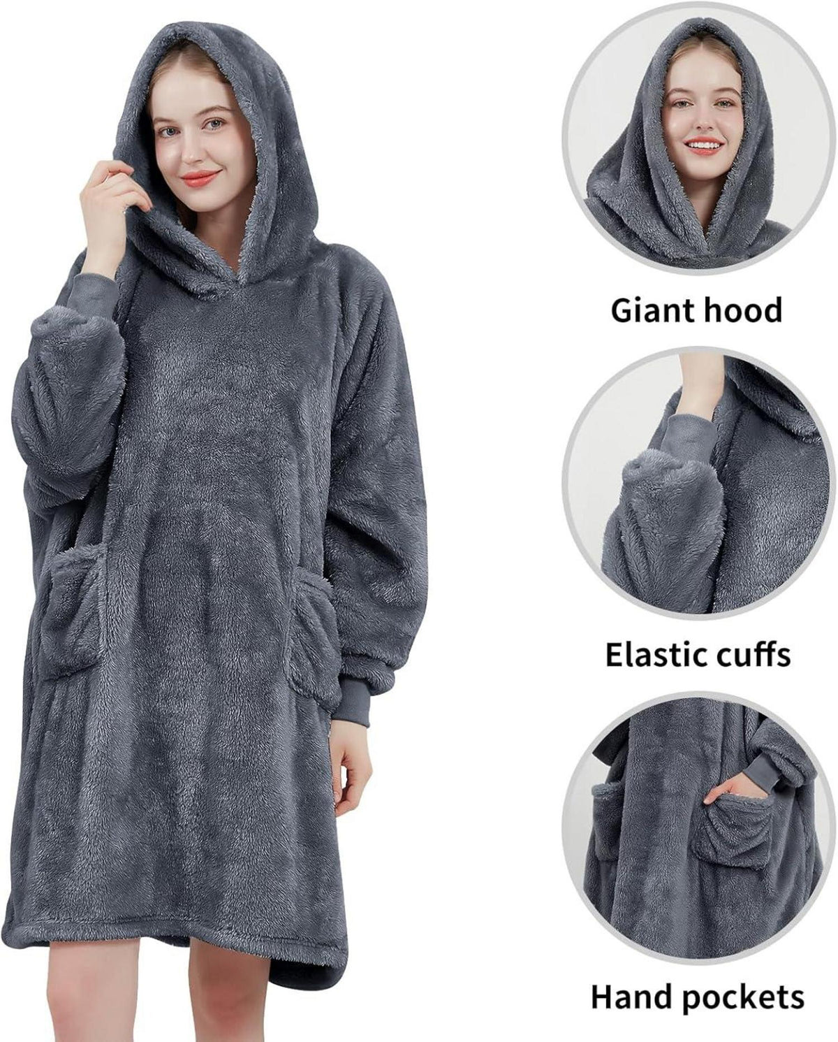Hoodie Decke mit Ärmeln und Kapuze Kuschelpullover Grau 95x85cm