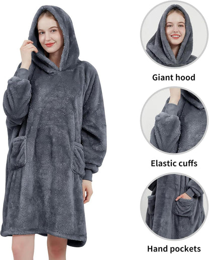 Hoodie Decke mit Ärmeln und Kapuze Kuschelpullover Grau 95x85cm