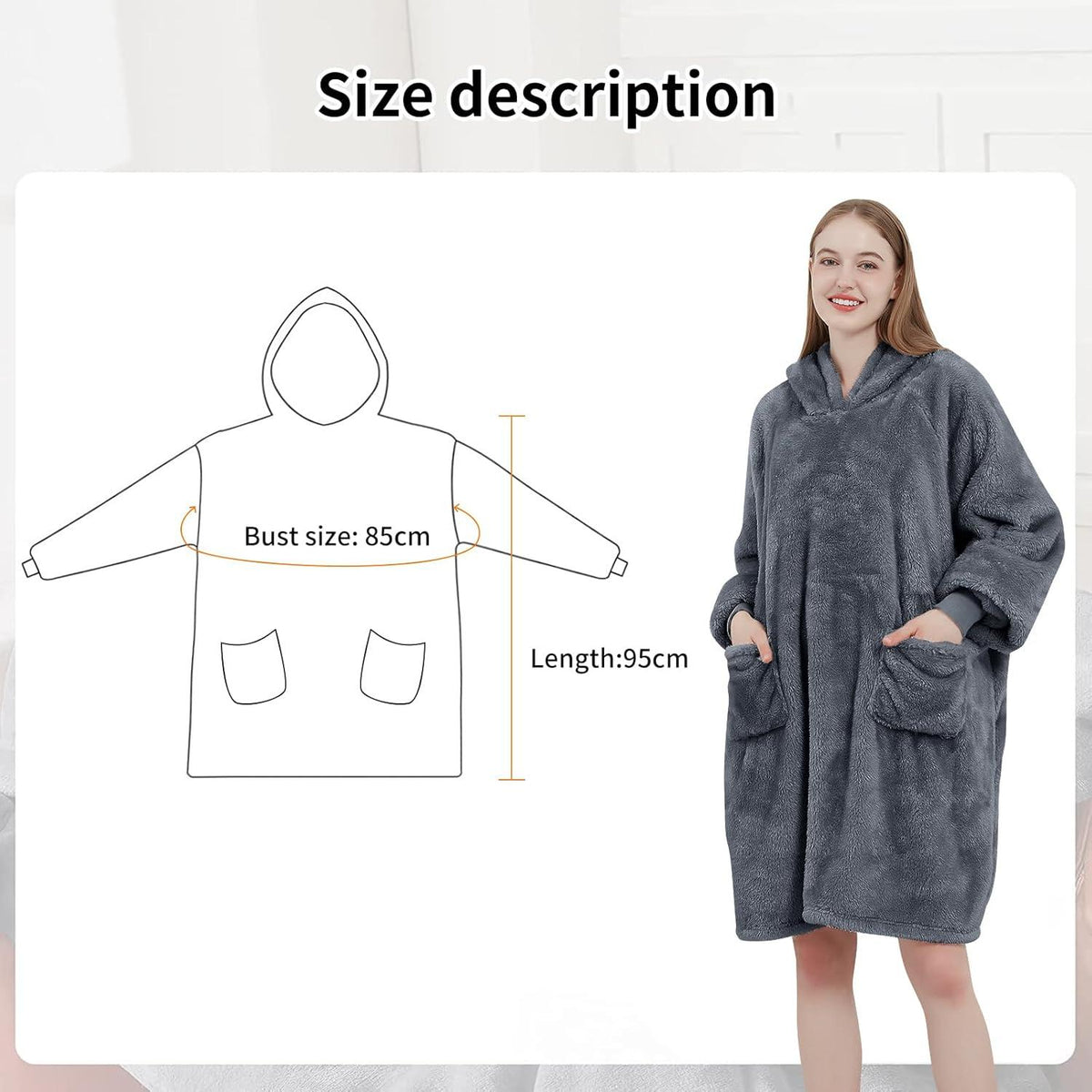 Kapuzen-Decke mit Ärmeln - Kuschelpullover Geschenk für Frauen - Grau