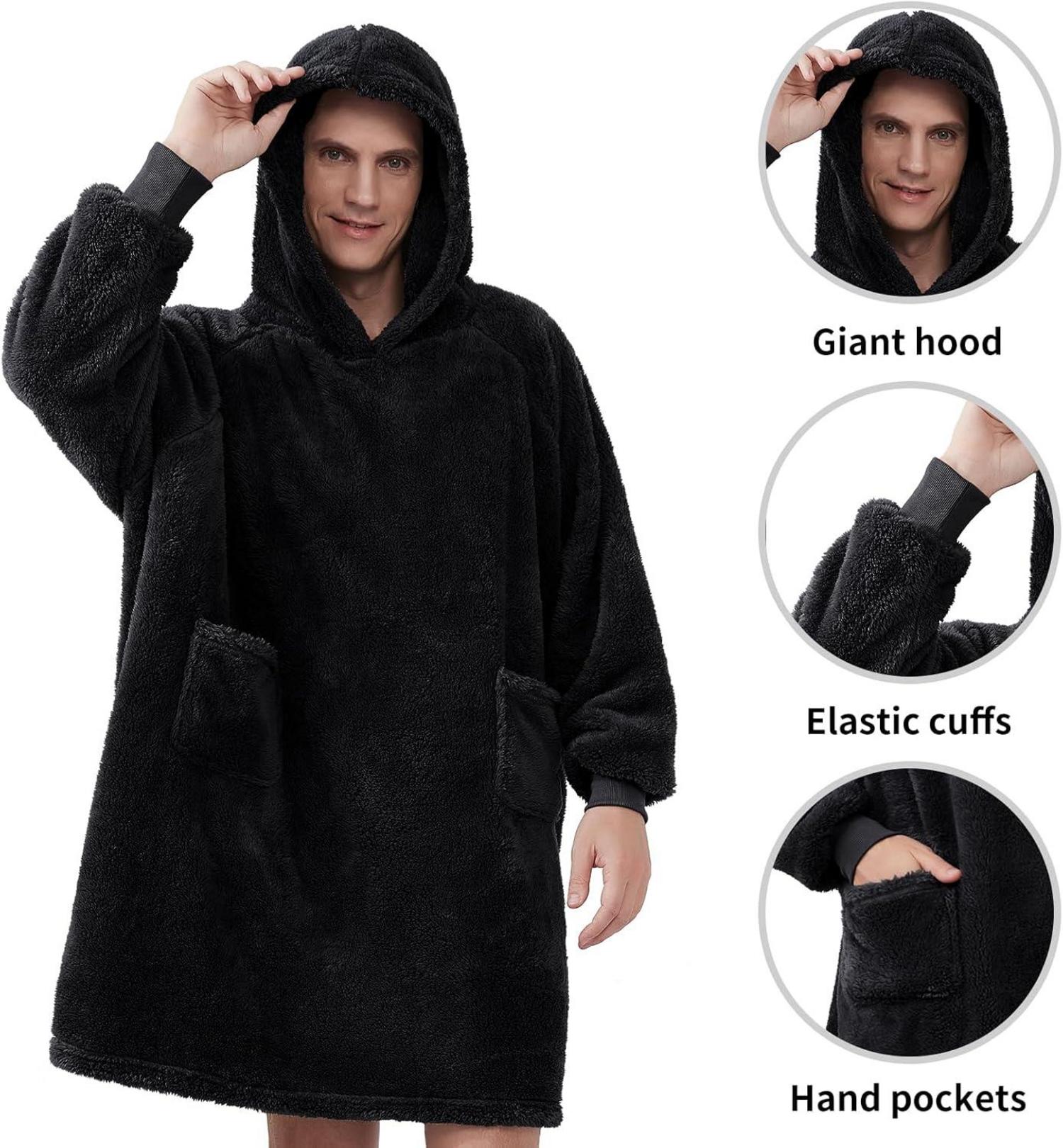 Kuschelige Hoodie Decke mit Ärmeln und Kapuze, Schwarz 95x85cm