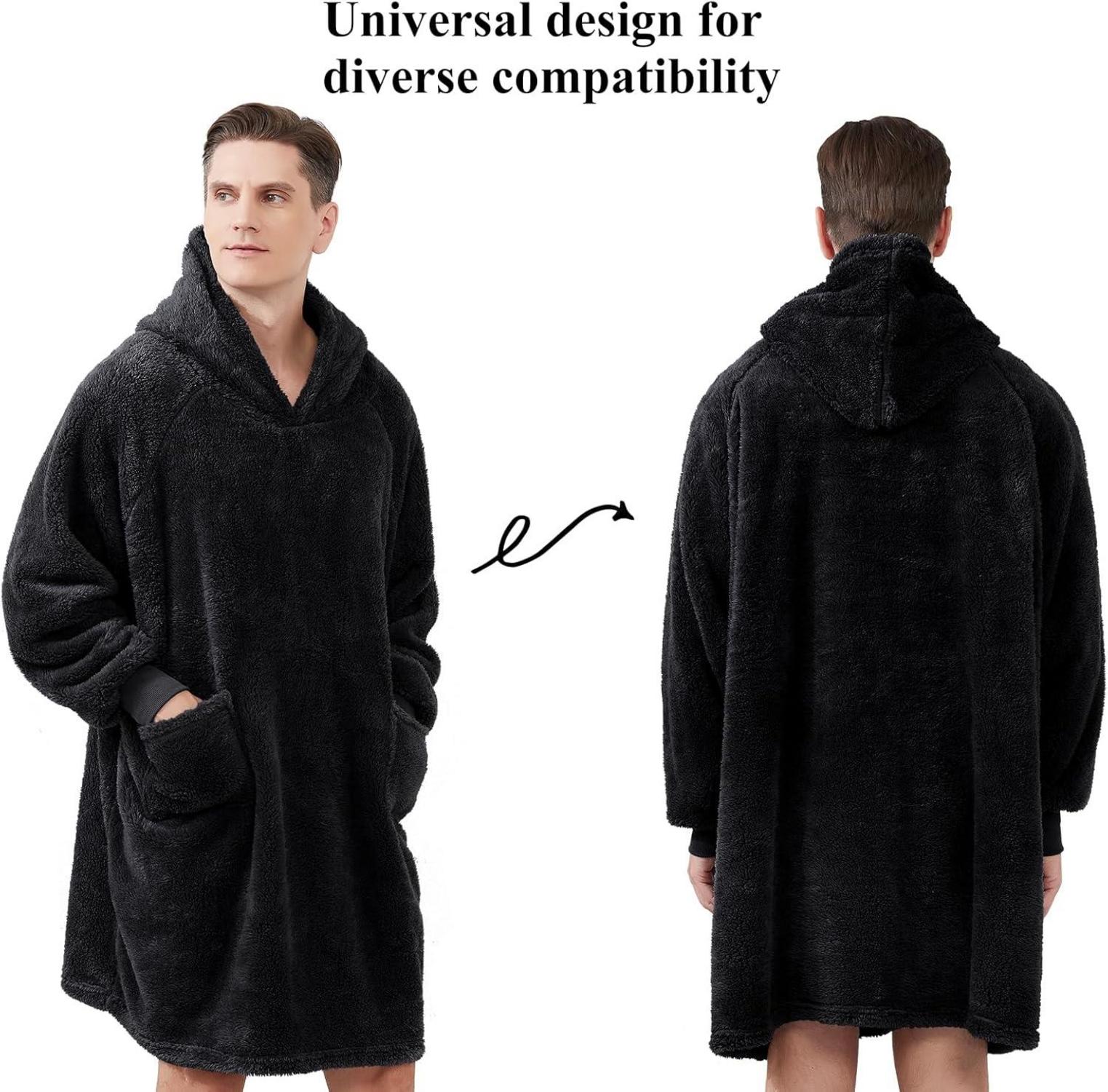 Hoodie Decke mit Ärmeln und Kapuze - Kuschelpullover Schwarz 95x85cm
