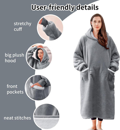 Aisbo Sherpa Hoodie Decke mit Ärmeln und Kapuze - Warme Kuscheldecke für Damen und Herren, 130x82cm, Hellgrau