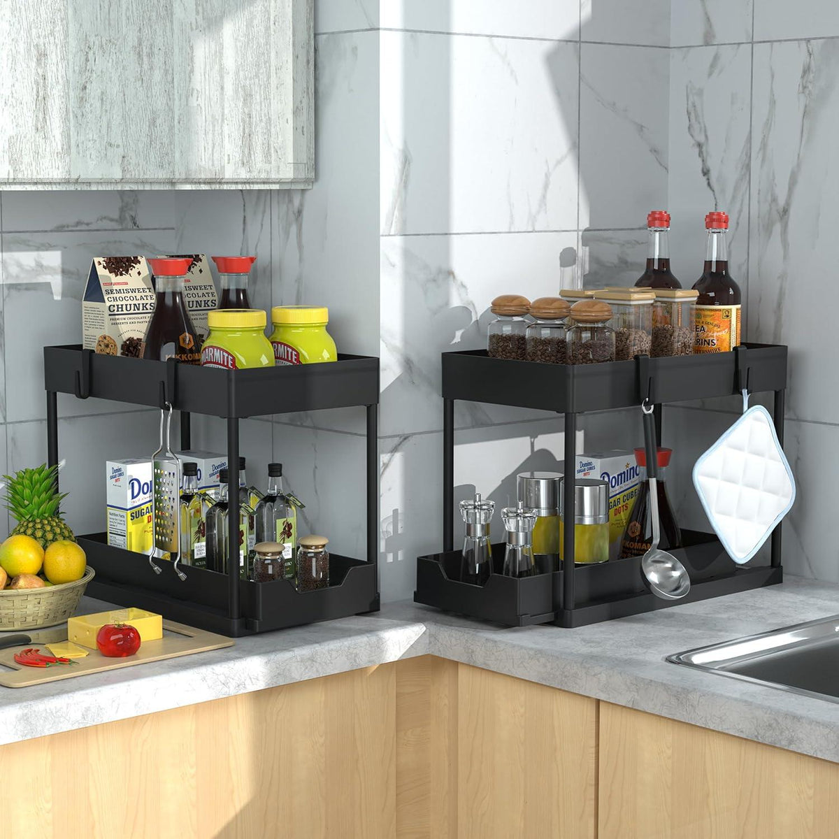 DEKAVA Küchen Organizer Unter Waschbecken Regal Schwarz 4 Haken