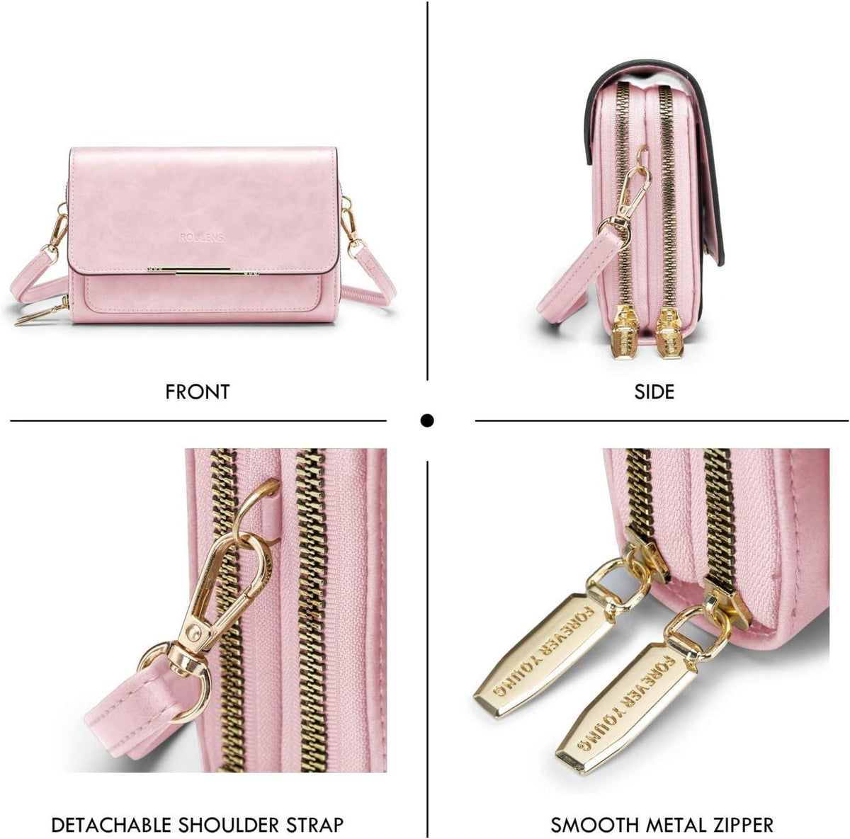Roulens Damen Handy Umhängetasche PU Leder Crossbody Ölwachs-rosa