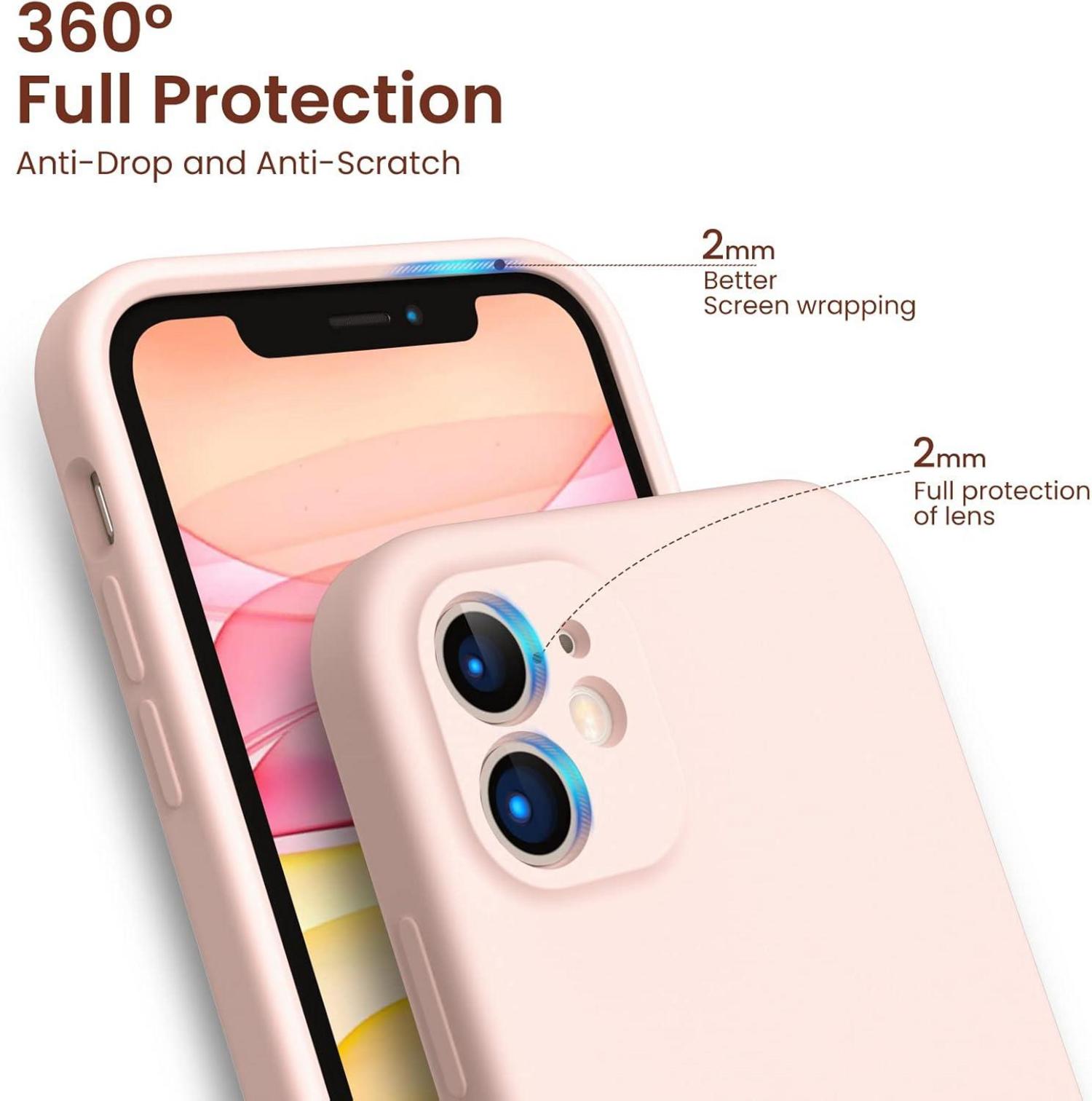 ORNARTO iPhone 11 Hülle mit flüssigem Silikon Gel Rubber Case + 2x Schutzfolie - Rundumschutz, stoßfest - Rosenpulver