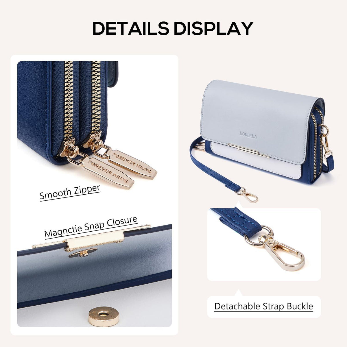 Handy Umhängetasche Damen Kleine PU Leder Crossbody B-marine/Hellblau