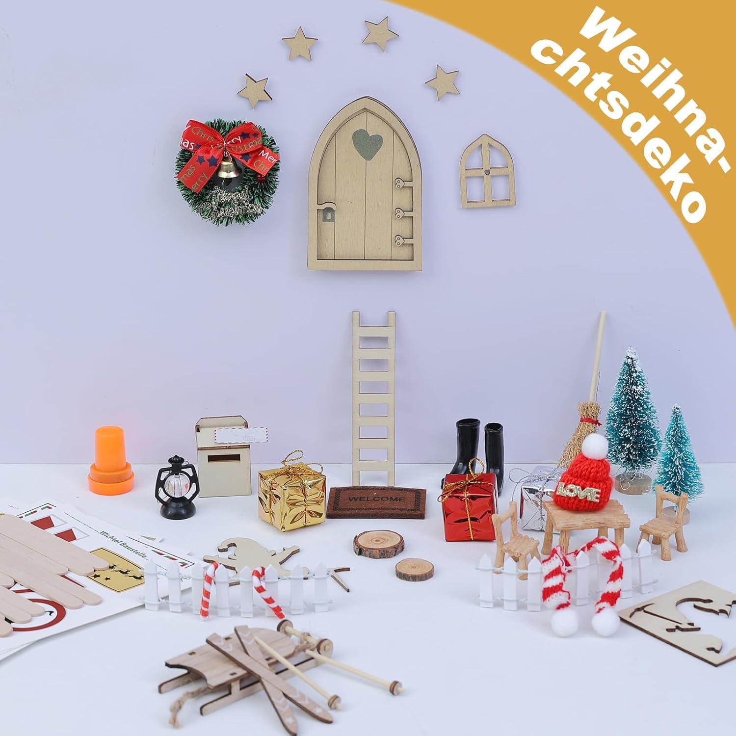 Weihnachts Wichteltür Set Miniatur Zubehör Elfentür Baustelle Kranz