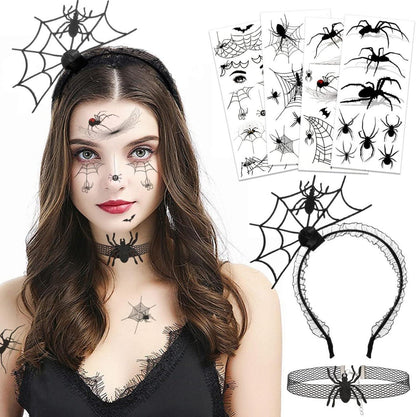 Halloween Spinne Haarreifen Set Spinnweben Tattoos Schwarz