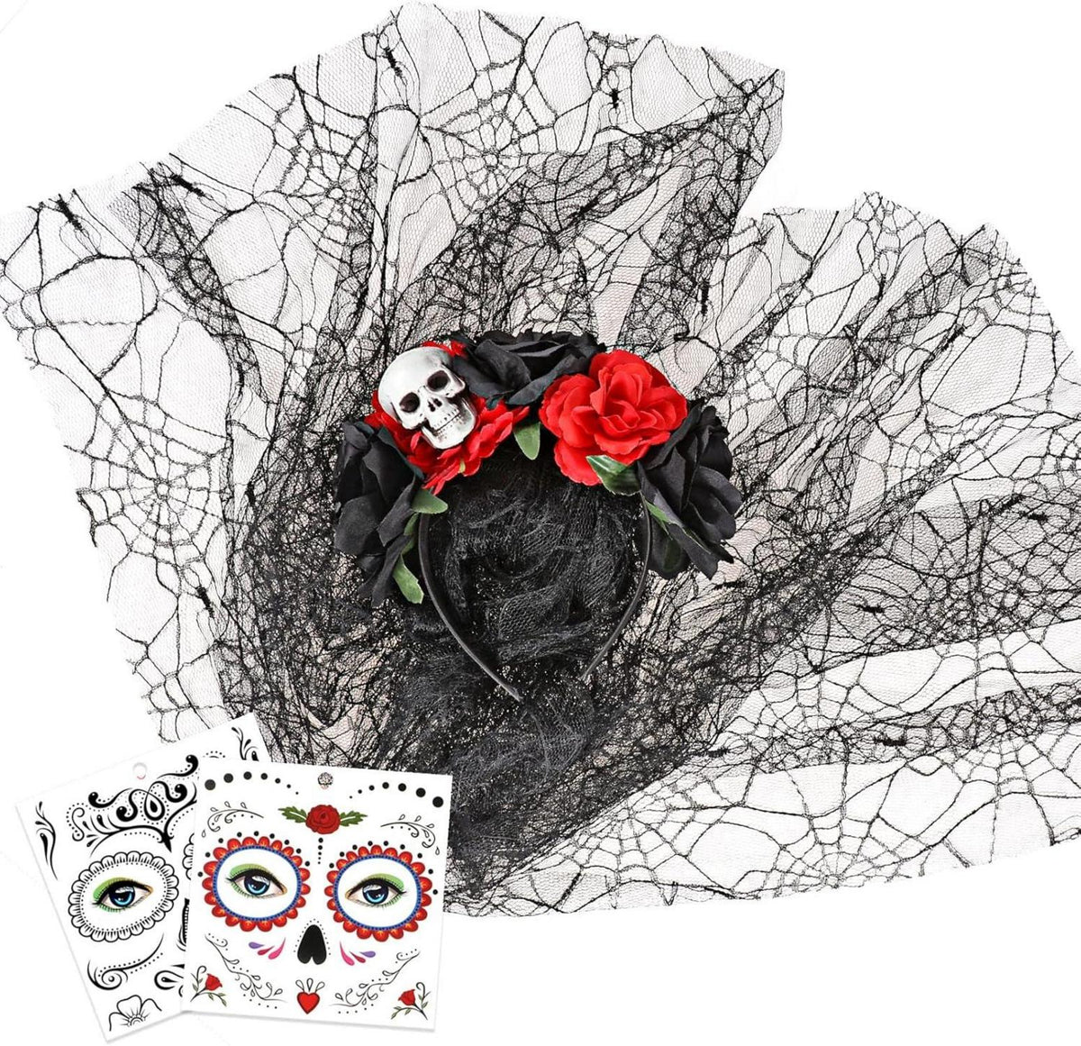 HOWAF Halloween Tag der Toten Haarreif Schleier Tattoos Mexikanische Rosen Totenkopf Haarband