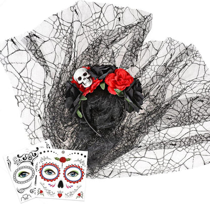 HOWAF Halloween Tag der Toten Haarreif Schleier Tattoos Mexikanische Rosen Totenkopf Haarband