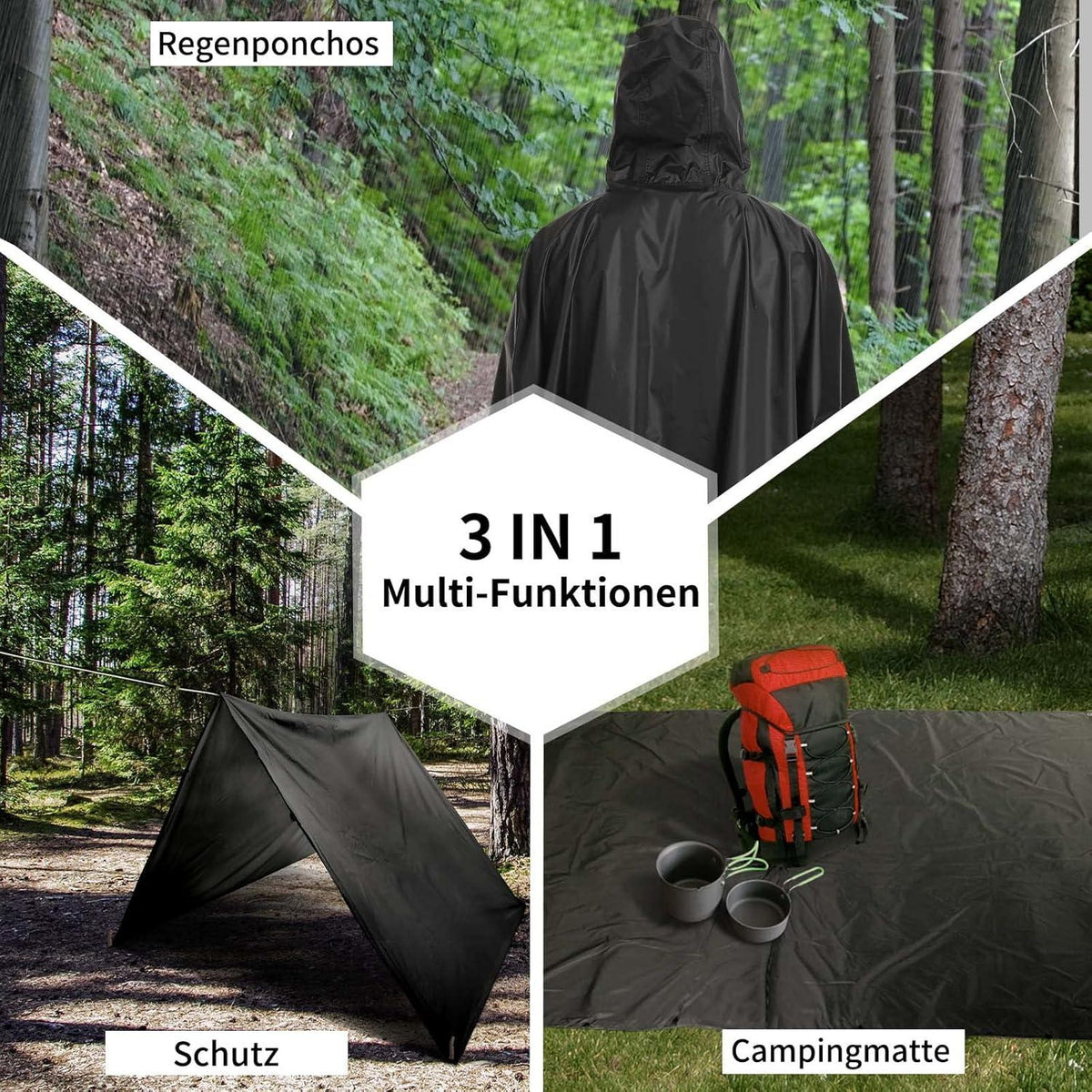 Opret Wasserdichter Regenponcho Damen Herren 3-in-1 Multifunktional Schwarz