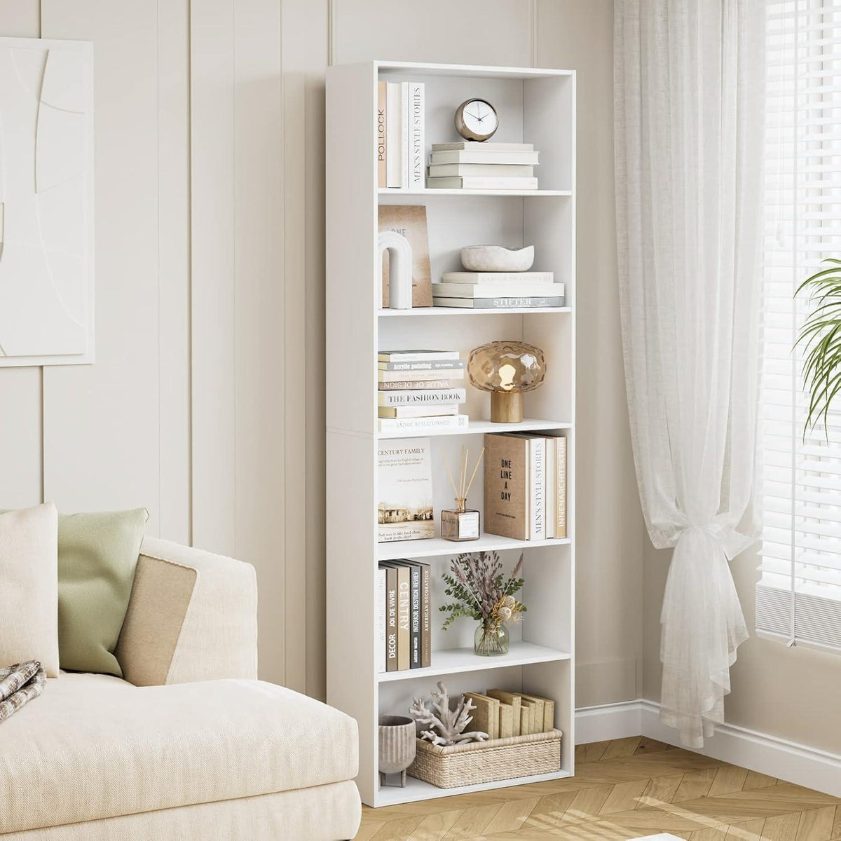 Holzregal mit 6 Fächern – Weißes Bücherregal für Wohnzimmer