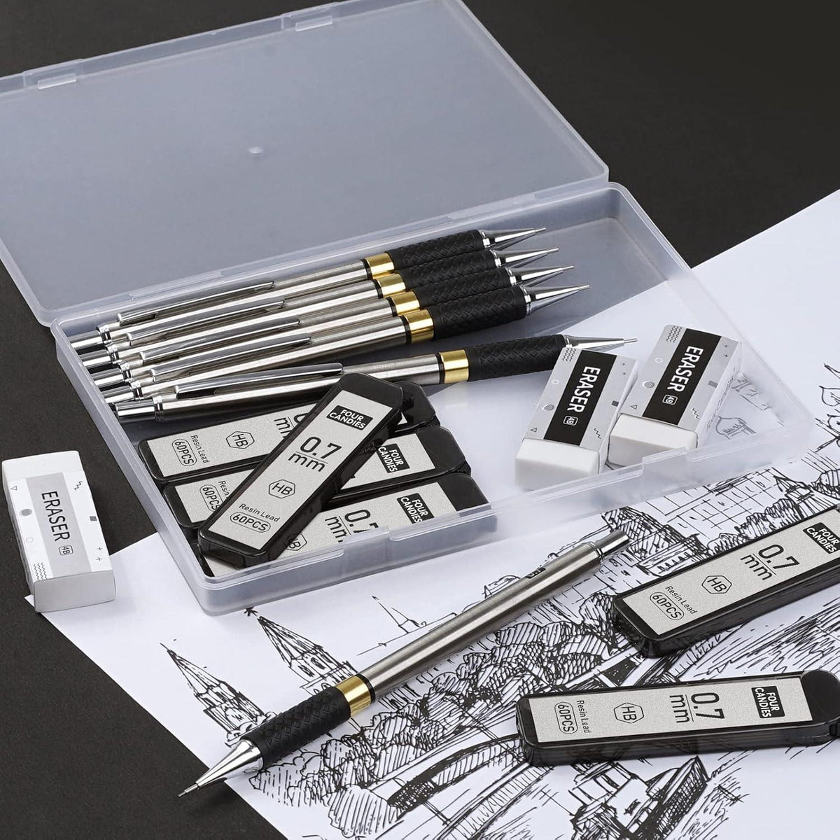 Druckbleistift Set 0,7mm - 6 Stück Metall Minenbleistift - 360 HB-Minen - 3 Radiergummis - Etui