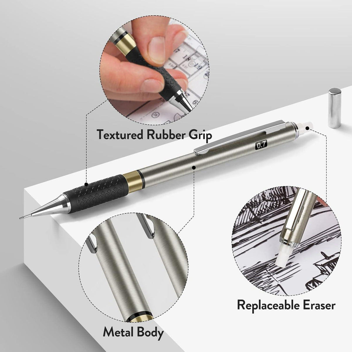 6 Stück 0,7mm Metall Druckbleistift Set HB Minen Radiergummi Zeichnen