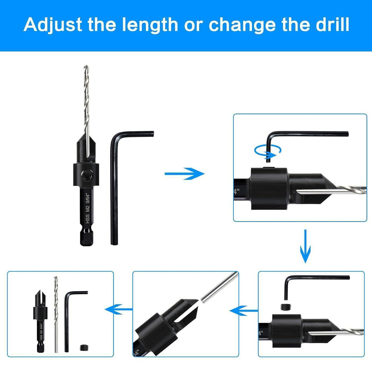 7er Kegelsenker-Bohrer-Set 3-in-1 mit verstellbarer Schnitttiefe