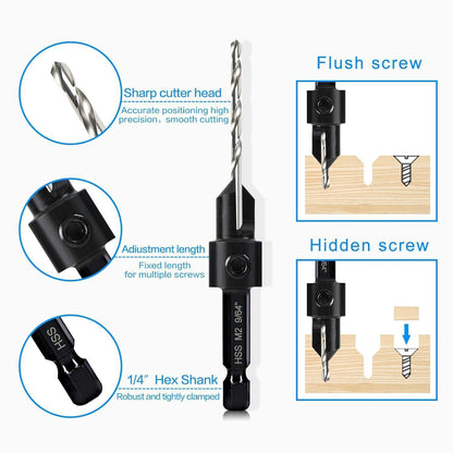 7er Kegelsenker-Bohrer-Set 3-in-1 mit verstellbarer Schnitttiefe