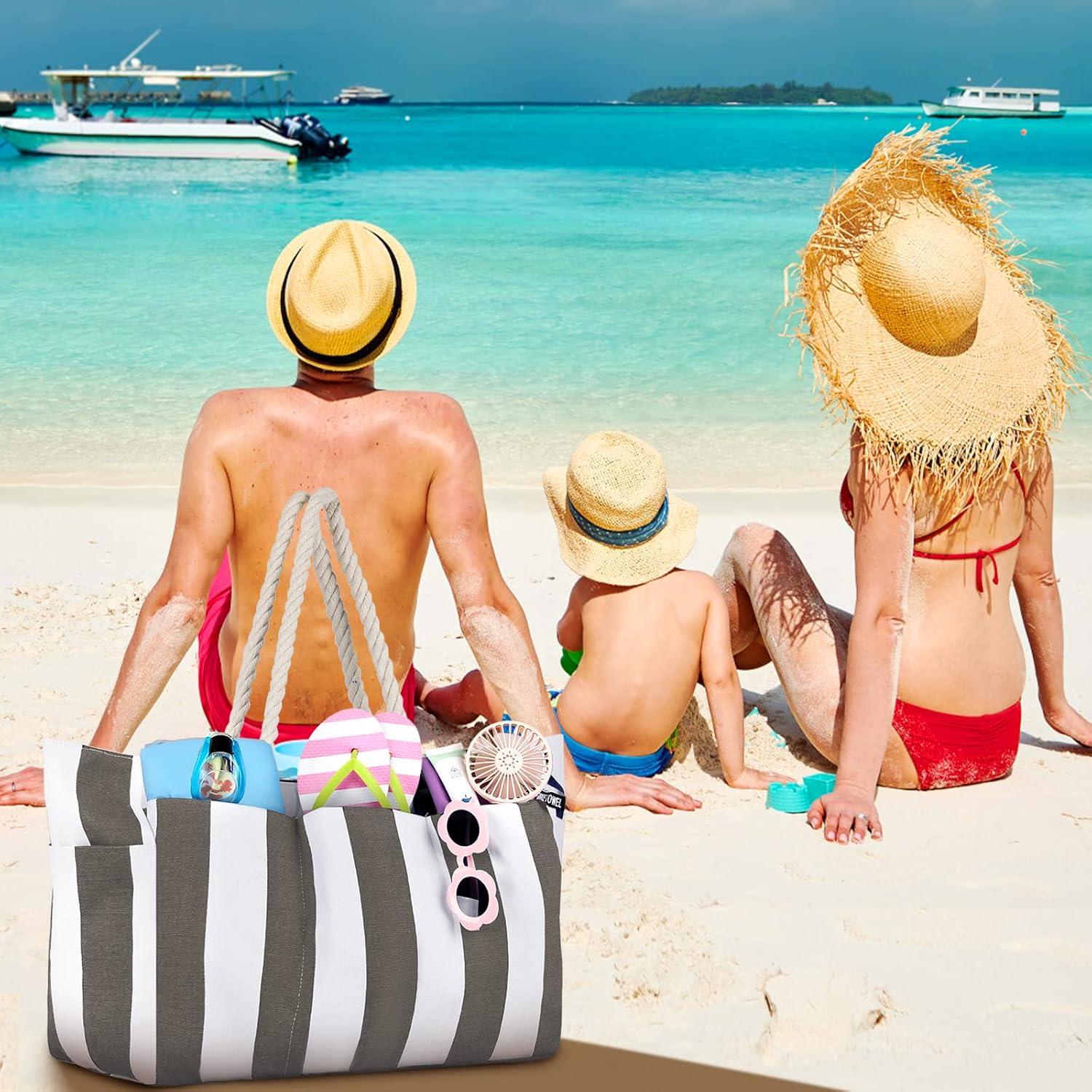 Große Strandtasche Blau/Weiß Streifen mit Reißverschluss - 35L