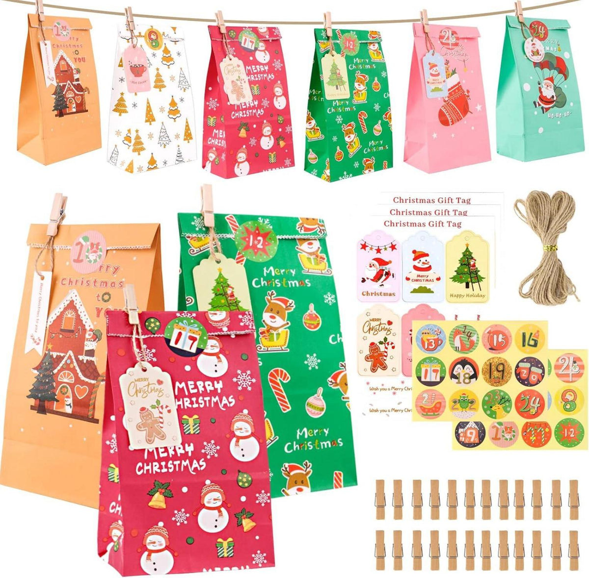 Adventskalender Tüten zum Befüllen Set 2024 - Weihnachtliche DIY