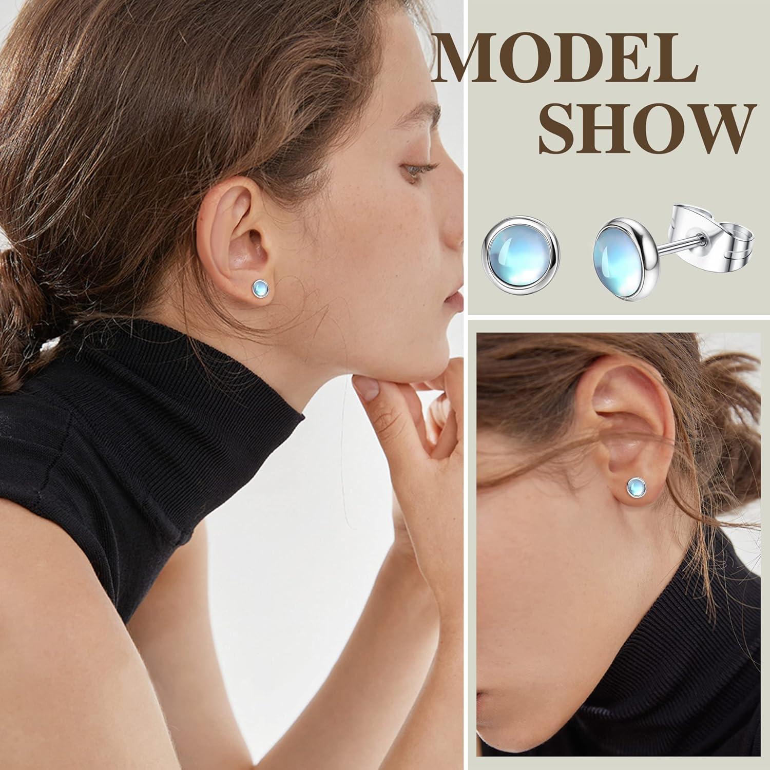 Mondstein Türkis Opal Ohrringe Set Damen Hypoallergen 4 Paare 4MM/6MM