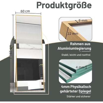 Ganzkörperspiegel Standspiegel Gold 165x60cm | Lehnbar & Wandmontage