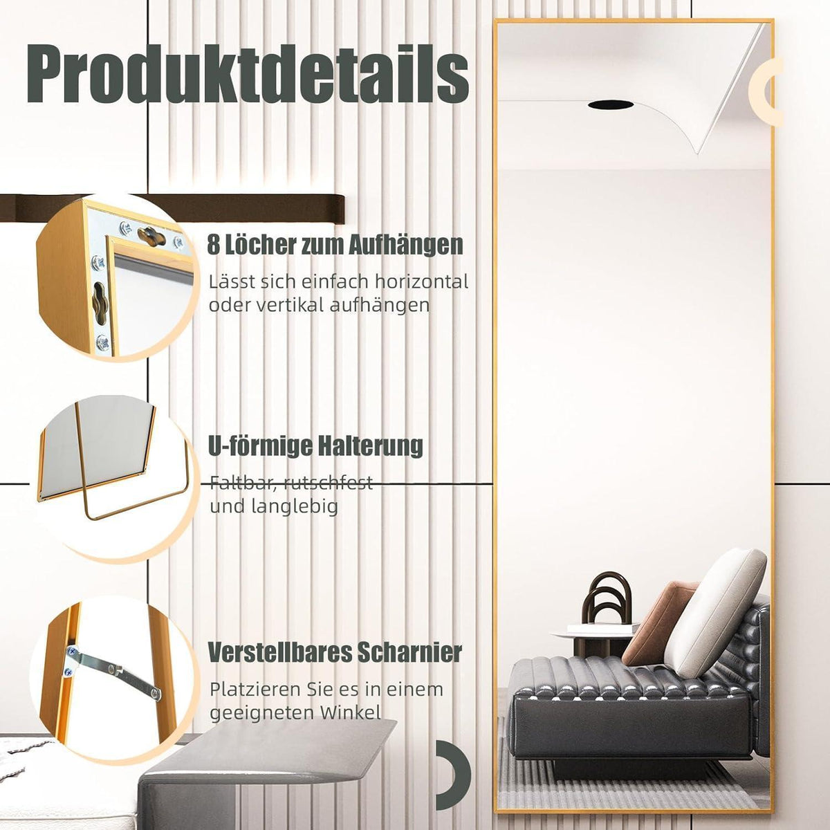 Ganzkörperspiegel Standspiegel Gold 165x60cm | Lehnbar & Wandmontage