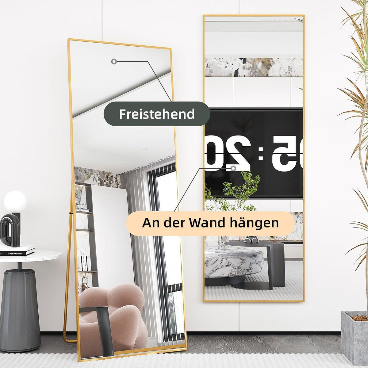 Ganzkörperspiegel Standspiegel Gold 165x60cm | Lehnbar & Wandmontage