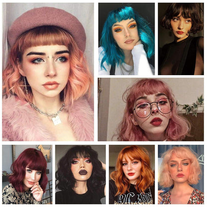 Kurze Bob Perücke mit Pony lockige gewellte Synthetik Cosplay für