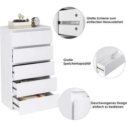 Weiße Kommode mit 5 Schubladen – Schmaler Schubladenschrank für Schlafzimmer