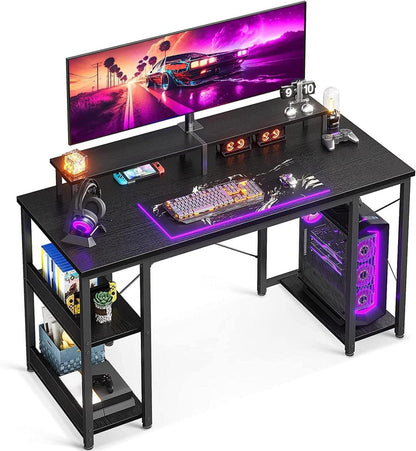 Moderne Gaming Schreibtisch mit Monitorständer und Regal, Schwarz