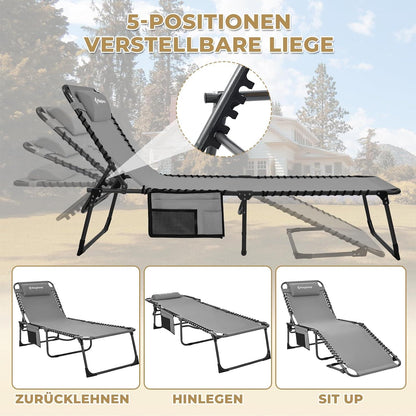 Campingliege 5-Stufig klappbar mit verstellbarer Rückenlehne und Kopfkissen Grau