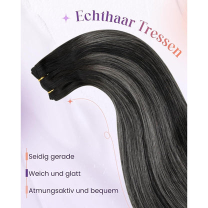 Echthaar Tressen Schwarz Balayage Silber 60cm - 100g