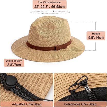 Damen Panama Hut Fedora Sonnenhut Breiter Rand Stroh UPF 50+ Khaki