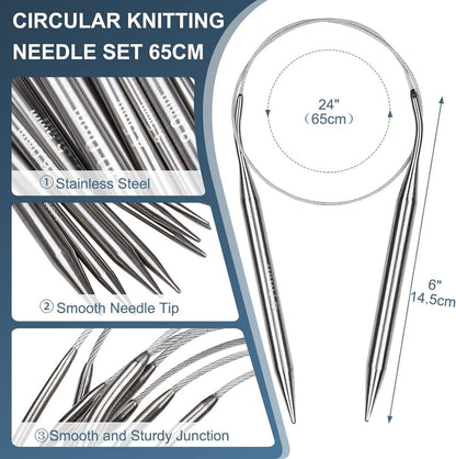 Rundstricknadel Set Edelstahl 60 cm 9 Größe 2,5-10 mm in Etui