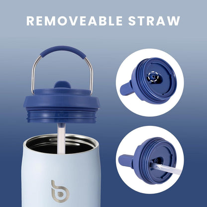 Isolierte Wasserflasche Edelstahl 32oz BPA-frei Strohhalm Griff Blau