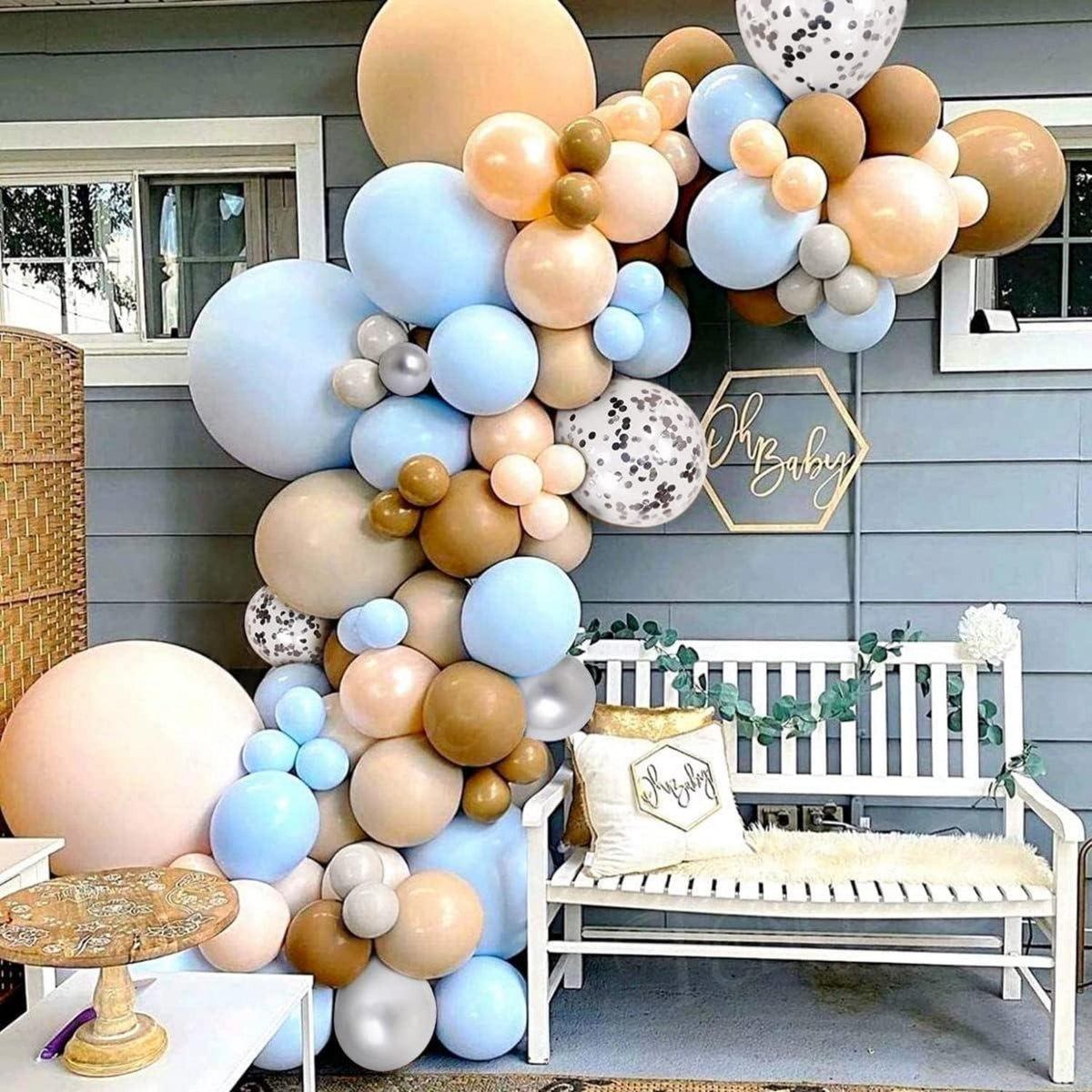 Babyparty Deko Luftballons Girlande Blau Beige Silber Braun