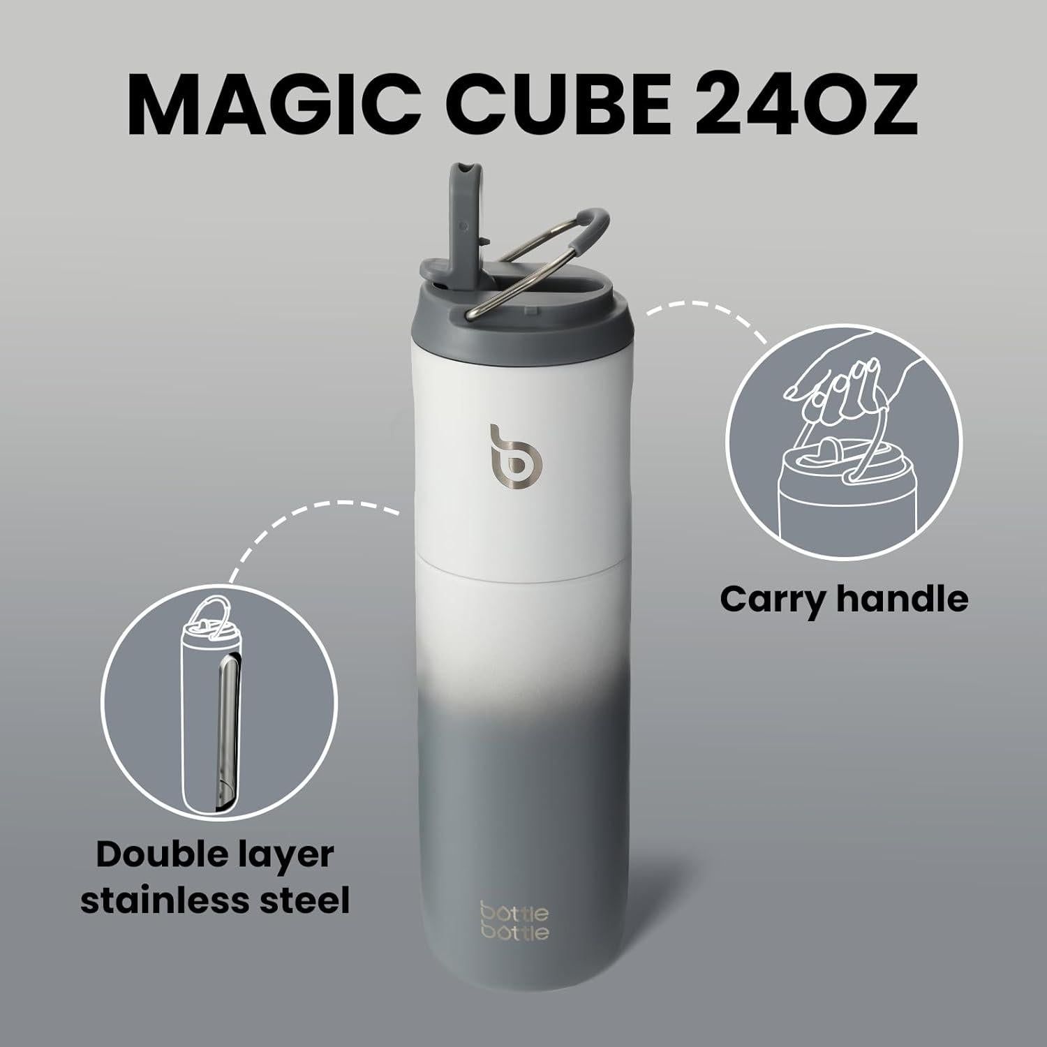 Isolierte Trinkflasche mit Strohhalm und Griff 680 ml Weiß Grau