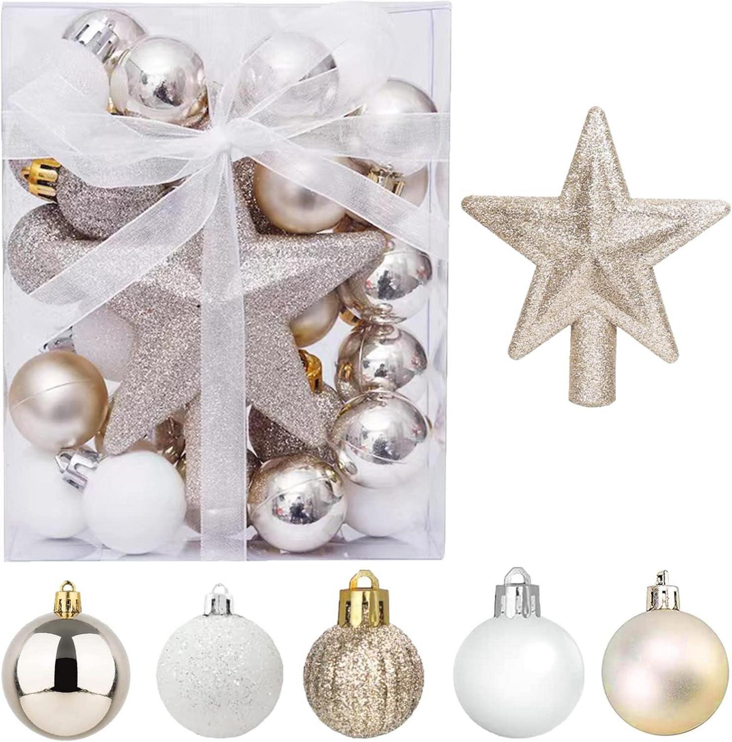 30er Mini Weihnachtskugeln Aufhänger 3CM Gold Weiß Set