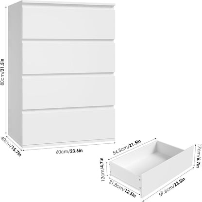 Weiße Kommode mit 4 Schubladen – 60x40x80cm, Schlafzimmer Sideboard