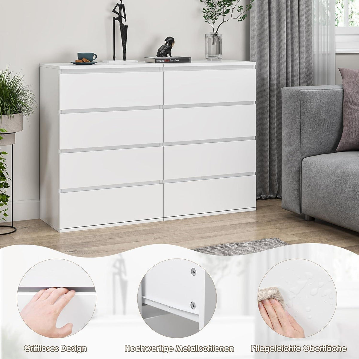 Weiße Kommode mit 4 Schubladen – 60x40x80cm, Schlafzimmer Sideboard