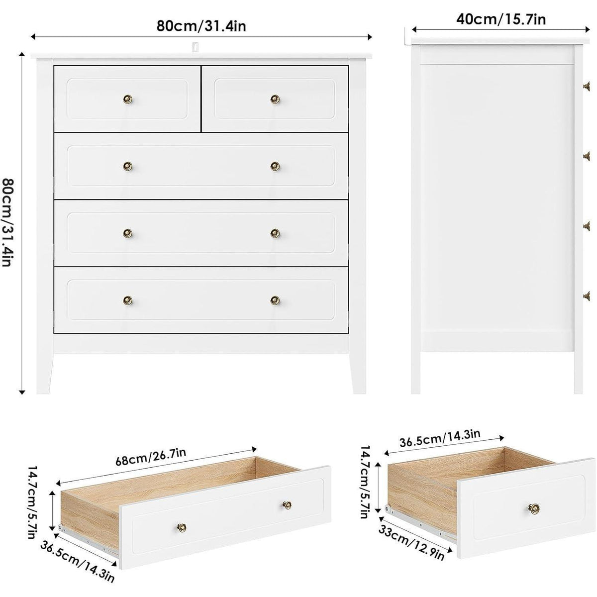 Weiße Kommode mit 5 Schubladen – Schlafzimmer Sideboard 80x40x80cm