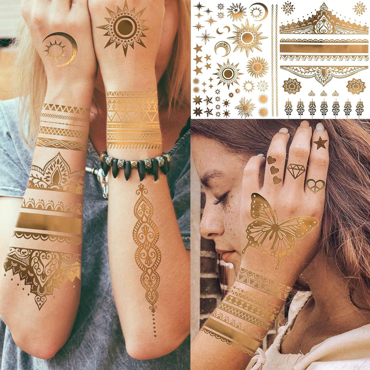 Goldene Glitzer Tattoos Set 9 Blatt Damen Mädchen Party Accessoires