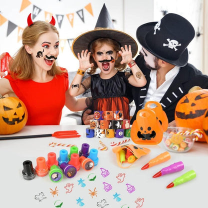Halloween Kinder Mitgebsel Party Mitbringsel 162Stk Kürbis Design Taschen Schnurrbart Tattoo Stempel Armbänder Spinnen