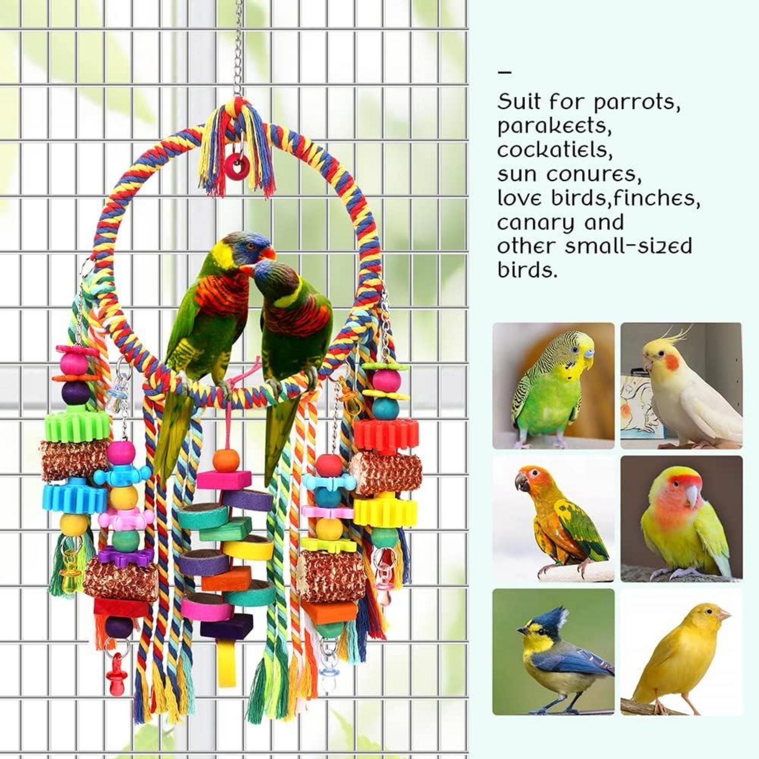 Vogelspielzeug Vogelseil Ringschaukel mit Kauspielzeug für Sittiche & kleine Vögel