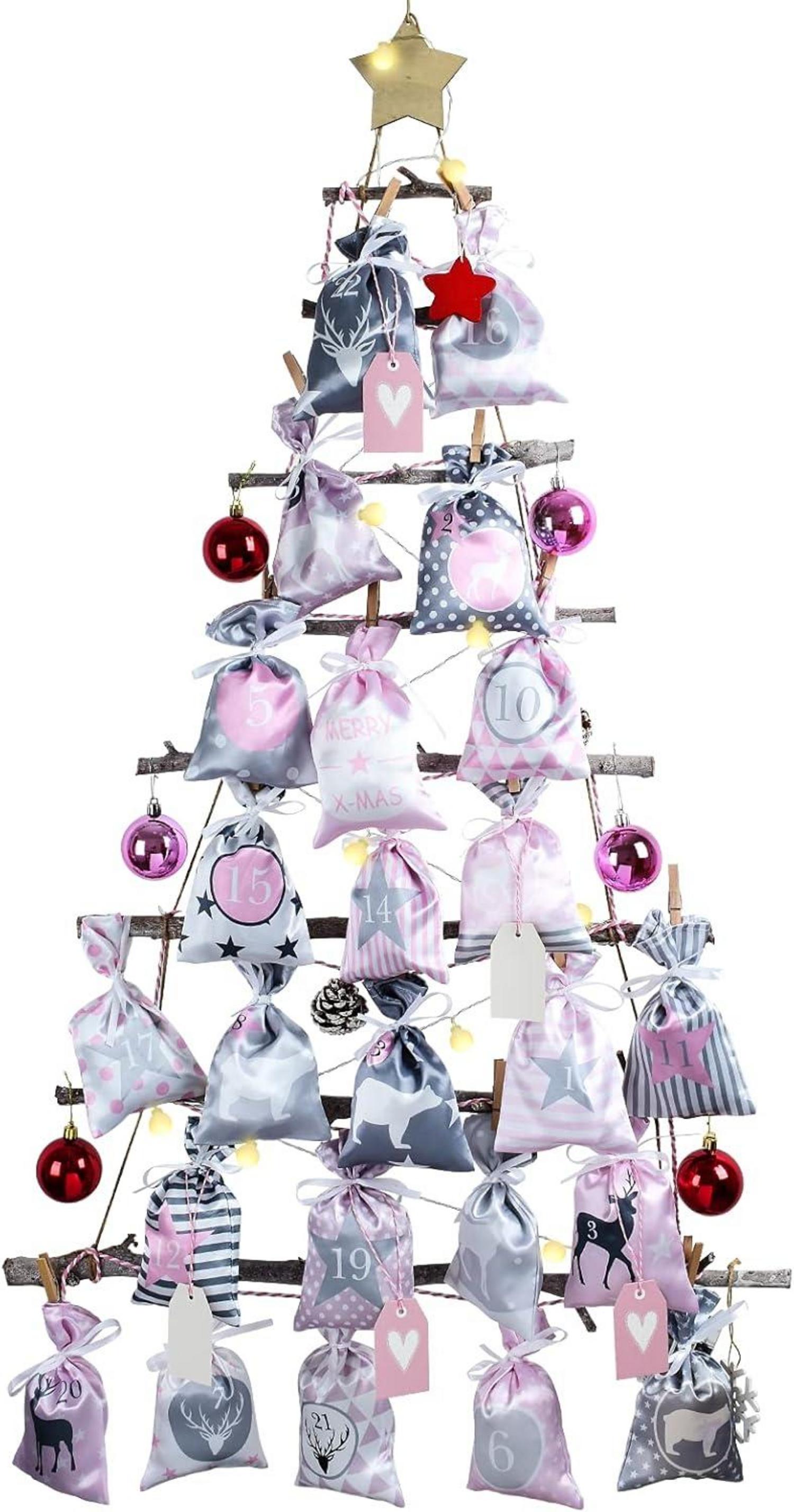 Adventskalender zum Befüllen XXL Stoffsäckchen Set 2024 Rosa Grau